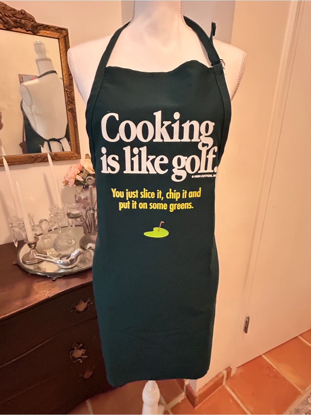 Cooking Is Like Golf Dark Green Apron with Yellow Graphic